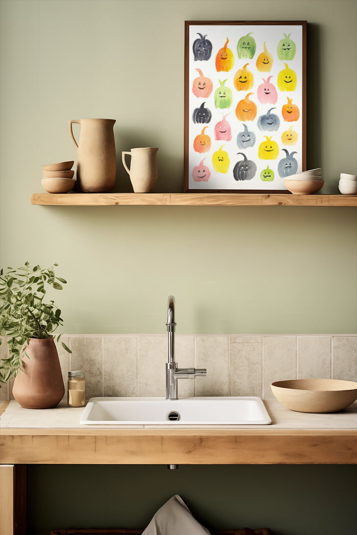 Colorful Fruit Characters Poster in Modern Kitchen Interior for Whimsical Wall Art
