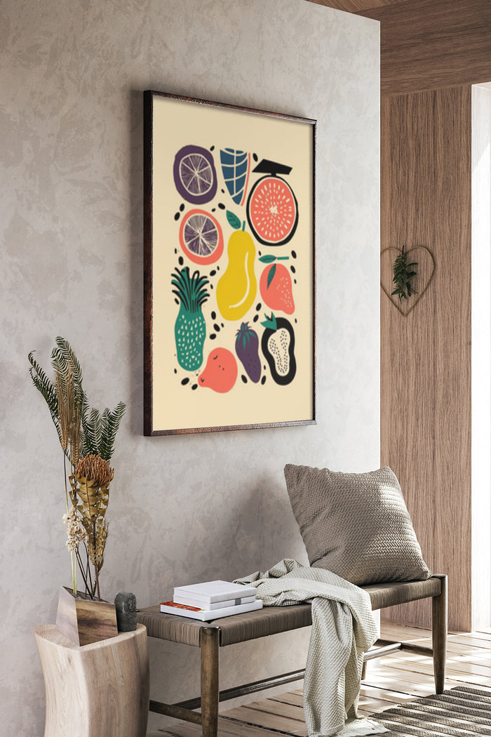 Colorful illustrated fruit poster in a stylish home interior
