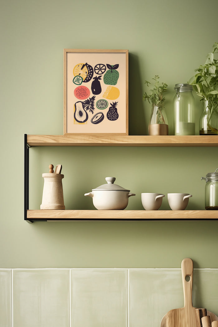 Contemporary kitchen with a colorful fruit illustration poster framed on the wall