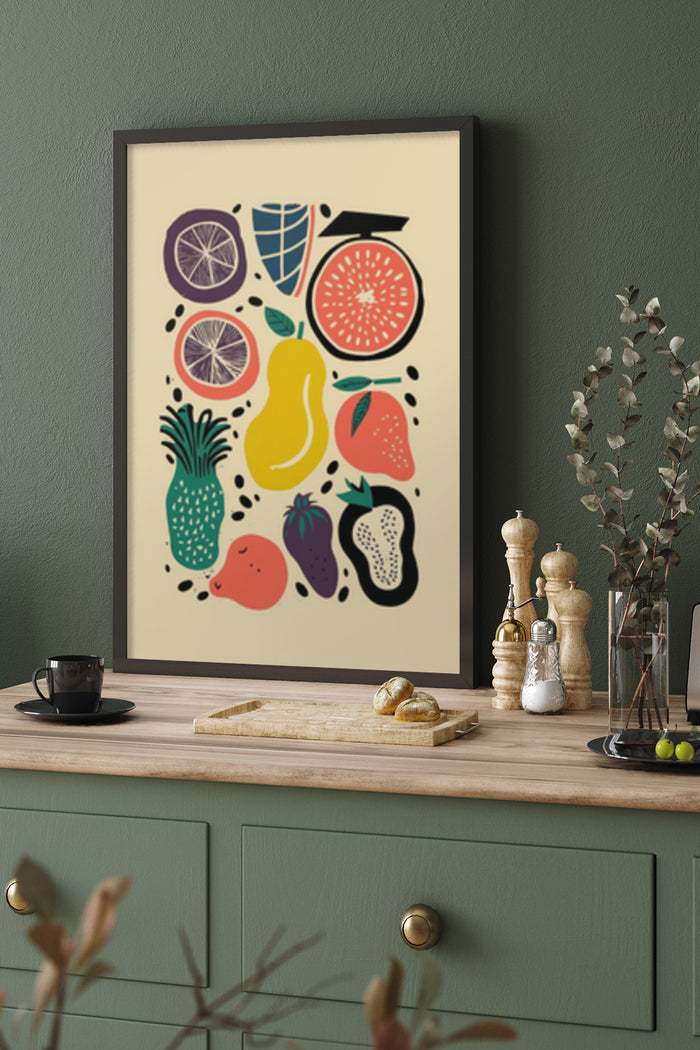 Colorful illustrated fruit poster for kitchen decor featuring citrus, pear, apple, pineapple, and eggplant