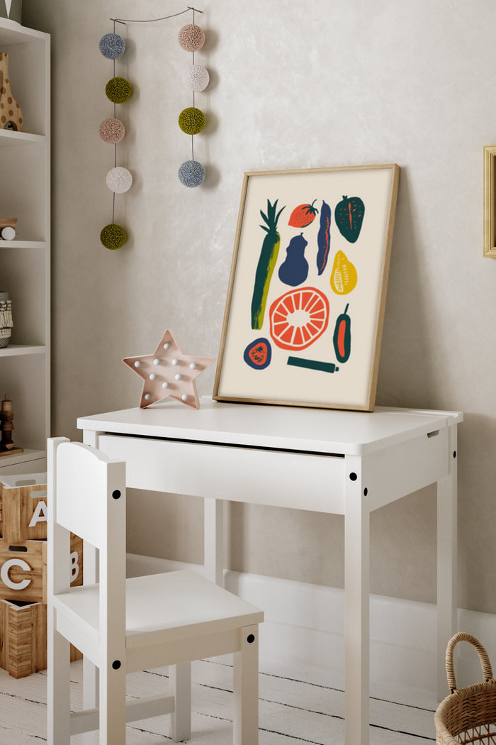 Colorful modern art style fruit illustration poster on the wall of a contemporary children's room with white furniture and decorative items