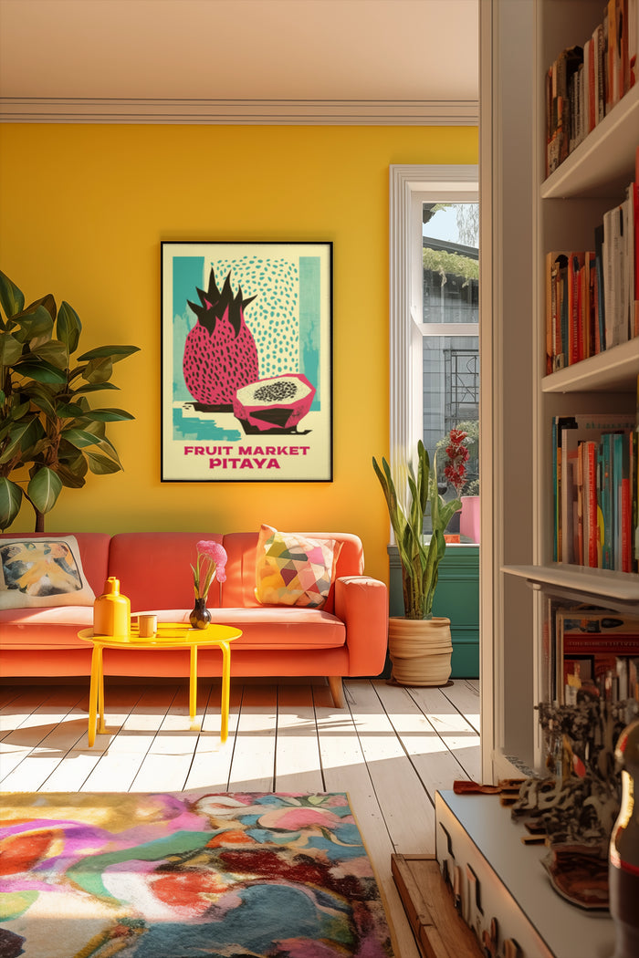 Vibrant Fruit Market Pitaya Poster on Yellow Wall in Stylish Living Room with Plants and Bright Decor
