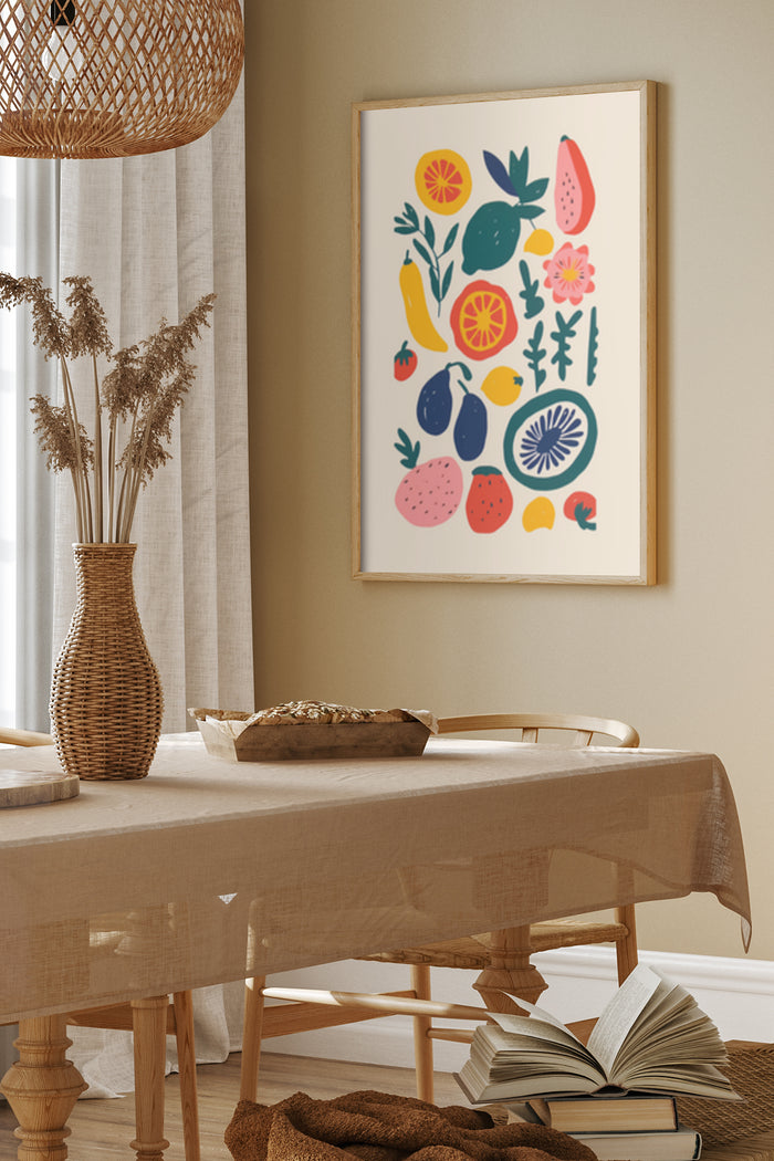 Colorful fruits and flowers illustration art poster displayed in modern dining room interior