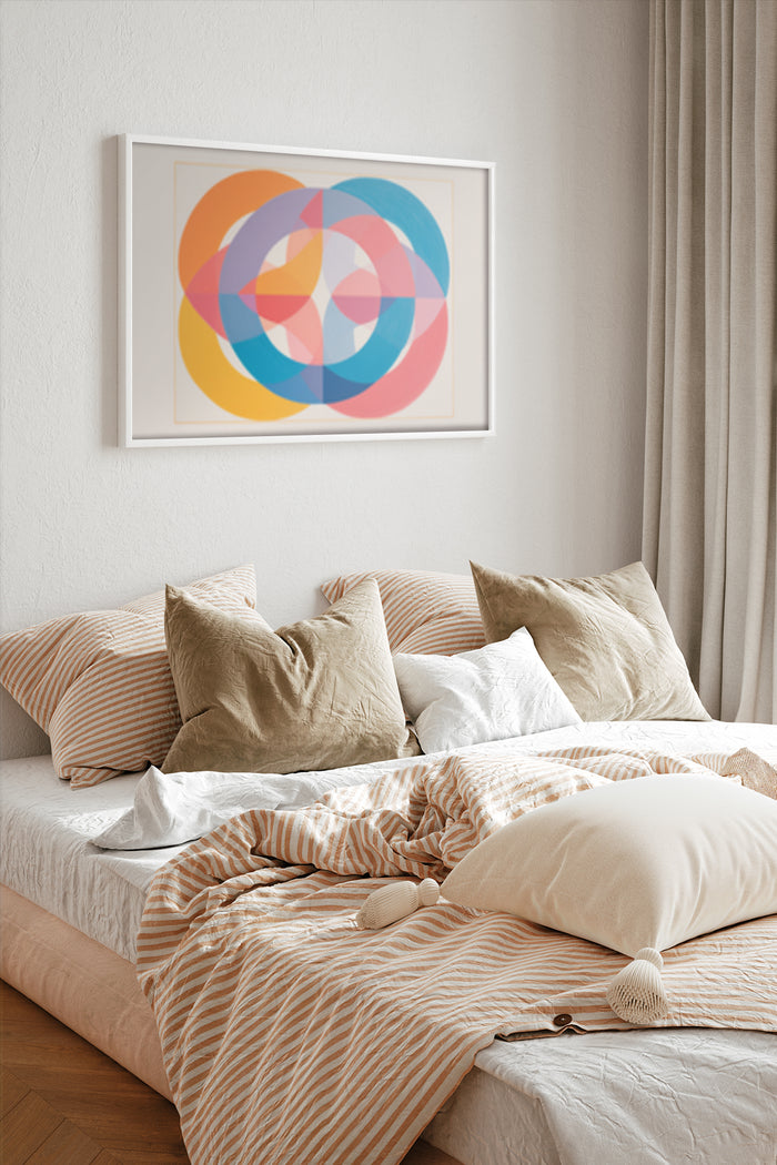 Colorful geometric art poster in a modern bedroom setting