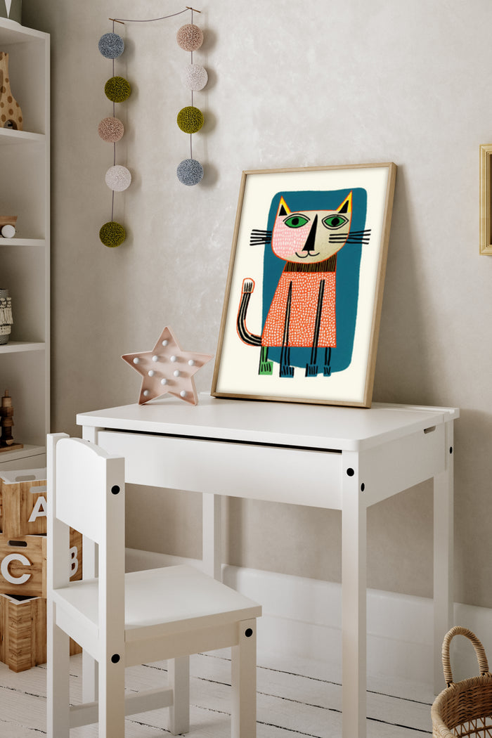 Colorful geometric cat artwork poster on display in a modern nursery room
