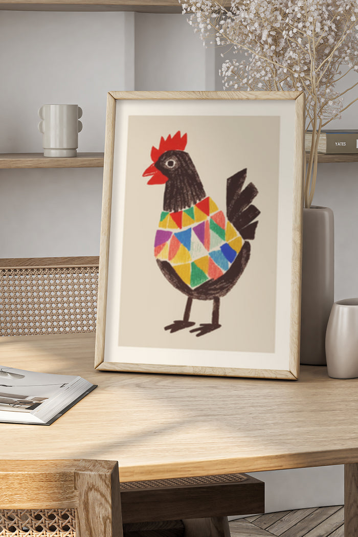 Colorful Geometric Chicken Art Framed Poster in Modern Interior