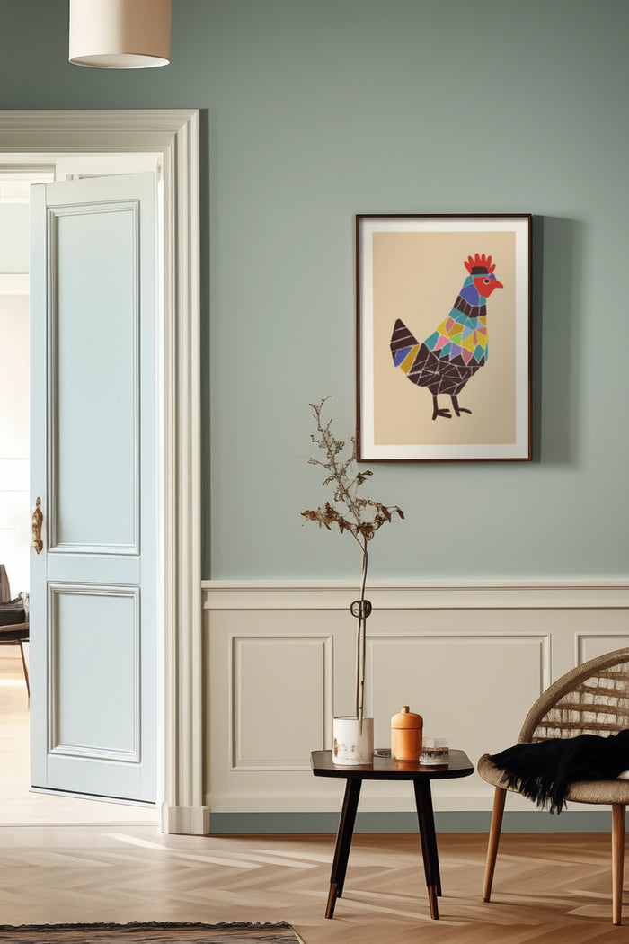 Colorful geometric chicken artwork framed on a wall in a stylish contemporary room