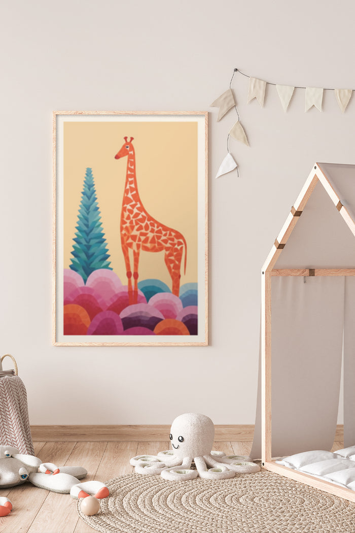 Colorful Geometric Giraffe Art Poster in Kids Room Setting