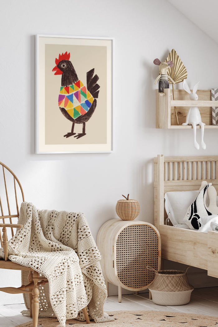 Colorful geometric rooster poster art in a stylish contemporary room