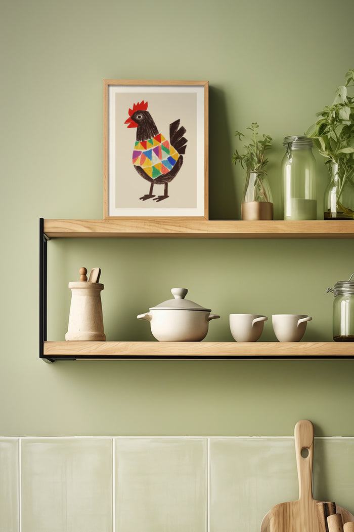 Colorful geometric pattern rooster poster framed in a modern kitchen setting