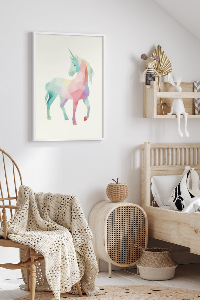 Colorful Geometric Unicorn Artwork Poster Displayed in a Stylish Modern Room Setting