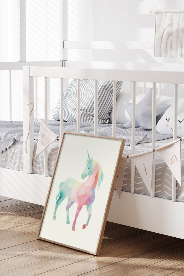 Colorful Geometric Unicorn Art Poster Standing in a Modern Nursery Room