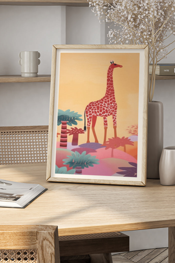 Colorful stylized giraffe artwork poster framed in a modern interior setting