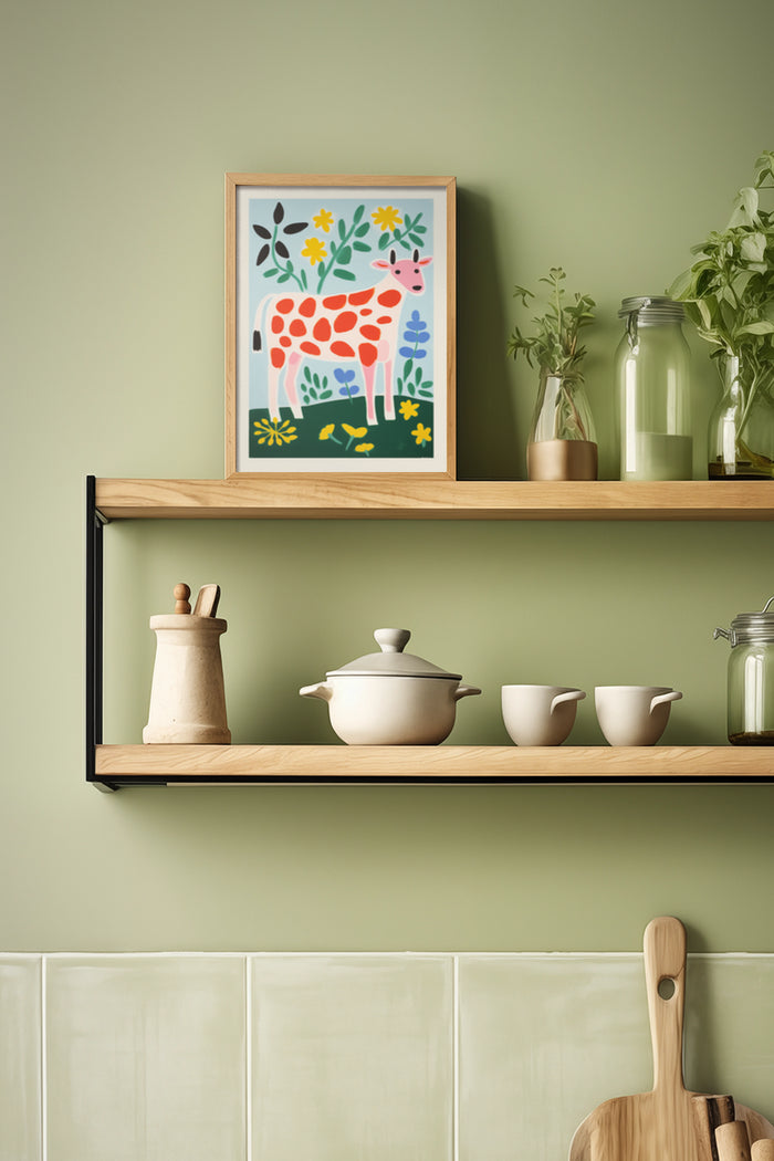 Colorful giraffe illustration in a wall frame as kitchen decor among shelves with pottery and plants