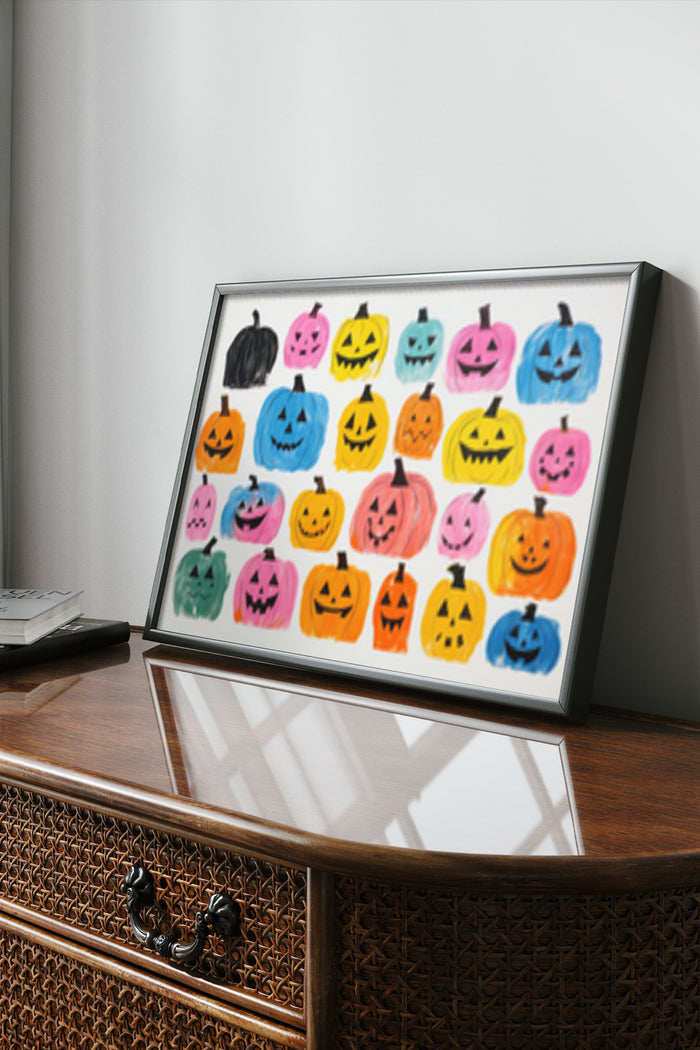 Colorful hand-painted Halloween pumpkins poster in modern home decor setting