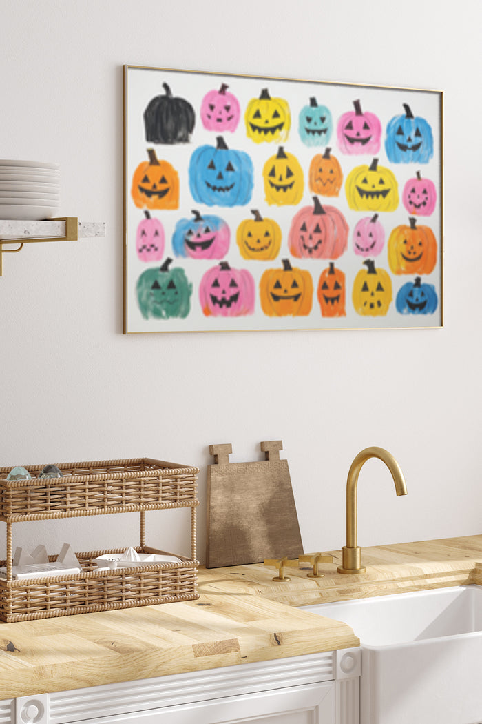 Assorted Colorful Hand-painted Halloween Pumpkins Poster in Kitchen Interior