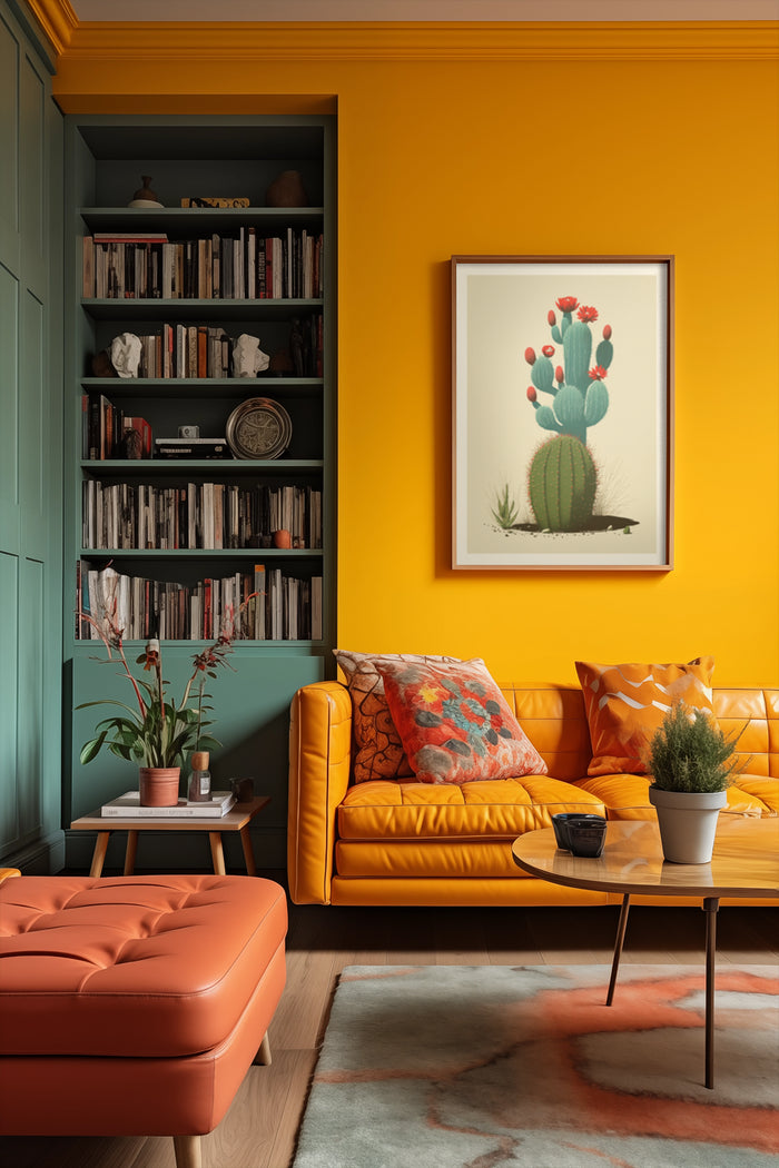 Vibrant living room decor featuring a yellow wall with a framed cactus poster, orange leather sofa, and stylish bookshelf