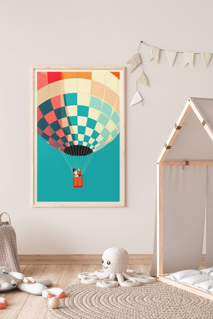 Colorful geometric hot air balloon poster framed in a modern nursery room decor