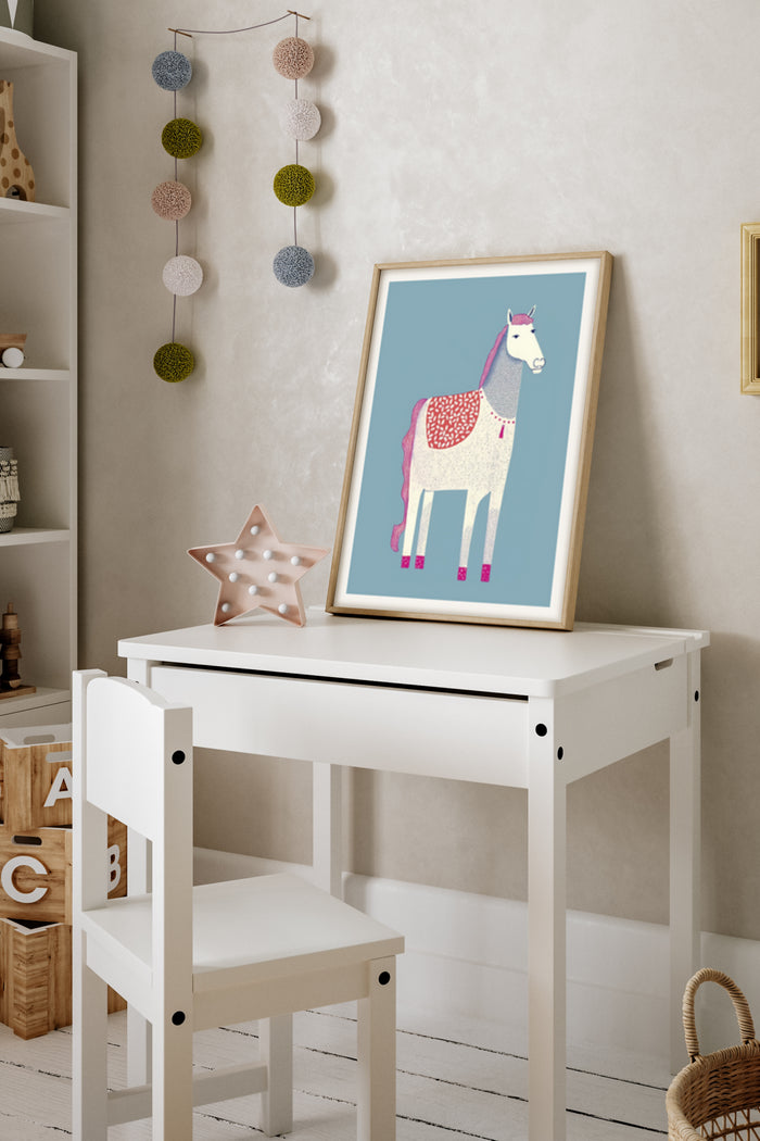 Colorful Illustrated Alpaca Poster in Wooden Frame on Children's Study Desk