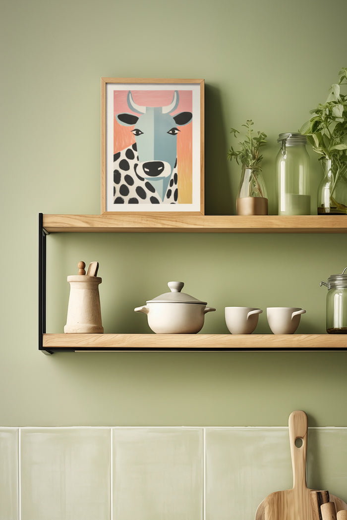 Colorful Illustrated Cow Artwork in Wooden Frame, Stylish Kitchen Shelf Decor