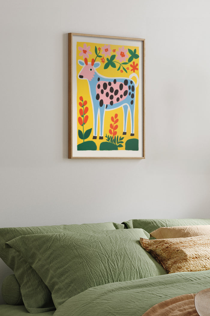 Modern decorative art poster of a colorful illustrated cow with floral patterns in a bedroom setting