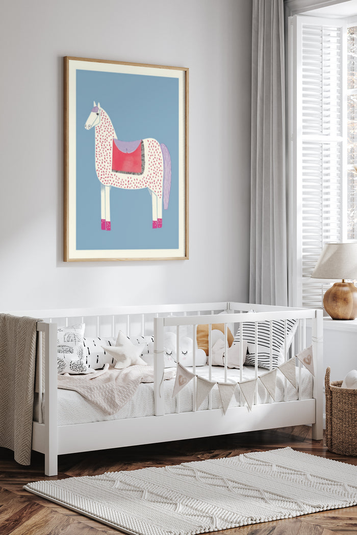 Stylized illustration of a colorful horse with a patterned body and pink accents in a modern nursery room