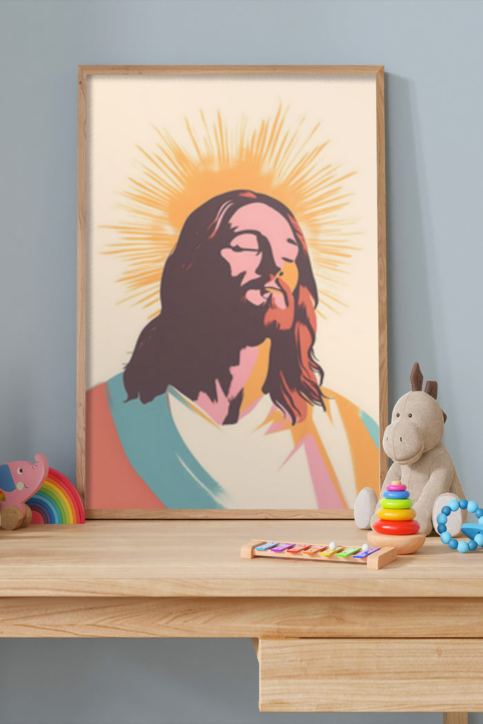 Modern colorful artistic illustration of Jesus on a poster, in a room with children's toys, wooden frame