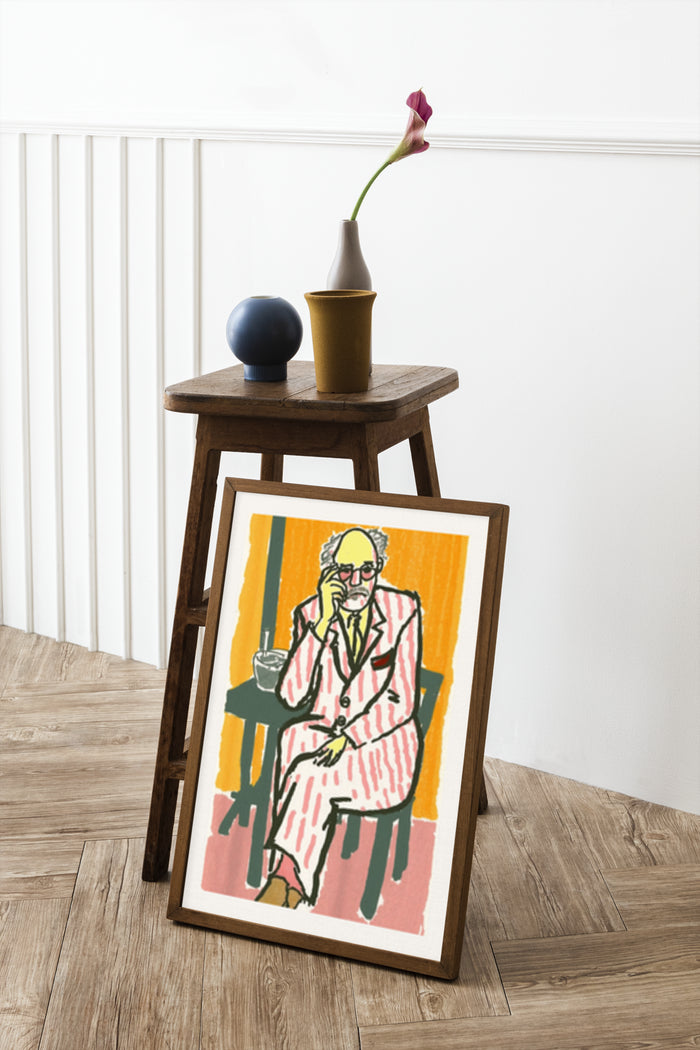 Colorful poster featuring a stylized illustration of a seated man in a suit with abstract background