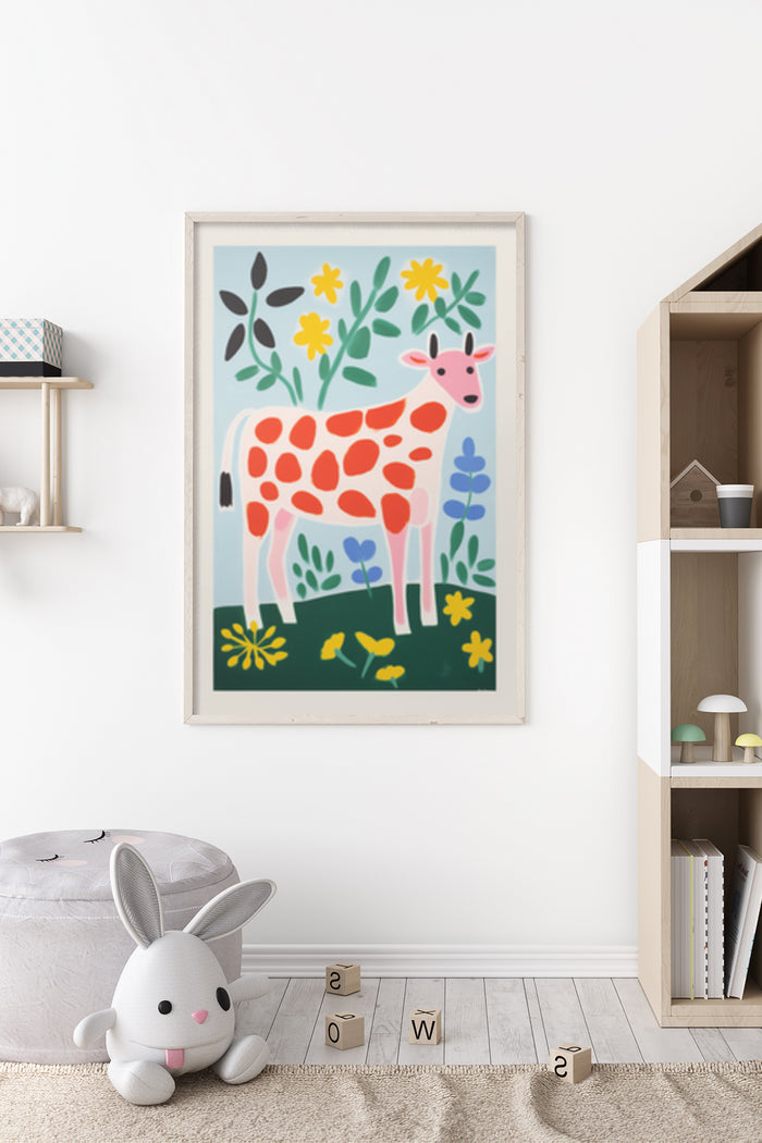 Children's room wall art with cartoon illustration of a red spotted cow in a green meadow with flowers