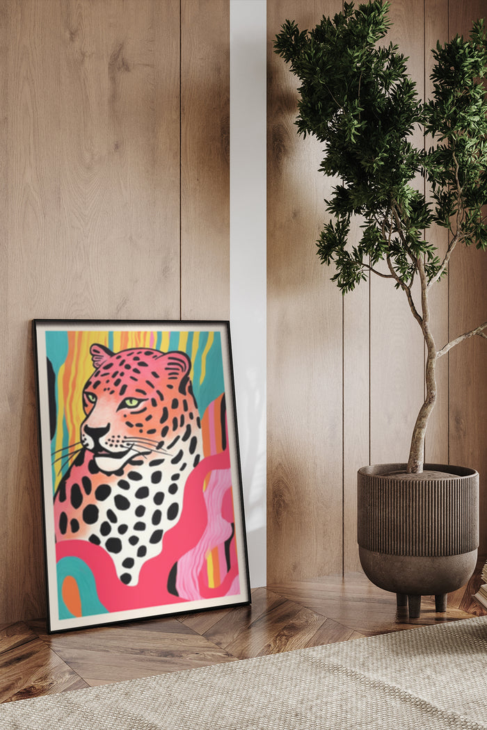 Colorful pop art style leopard artwork poster in a modern interior setting