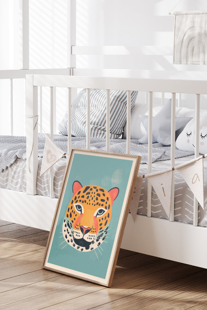 Colorful leopard illustration poster in a modern nursery room