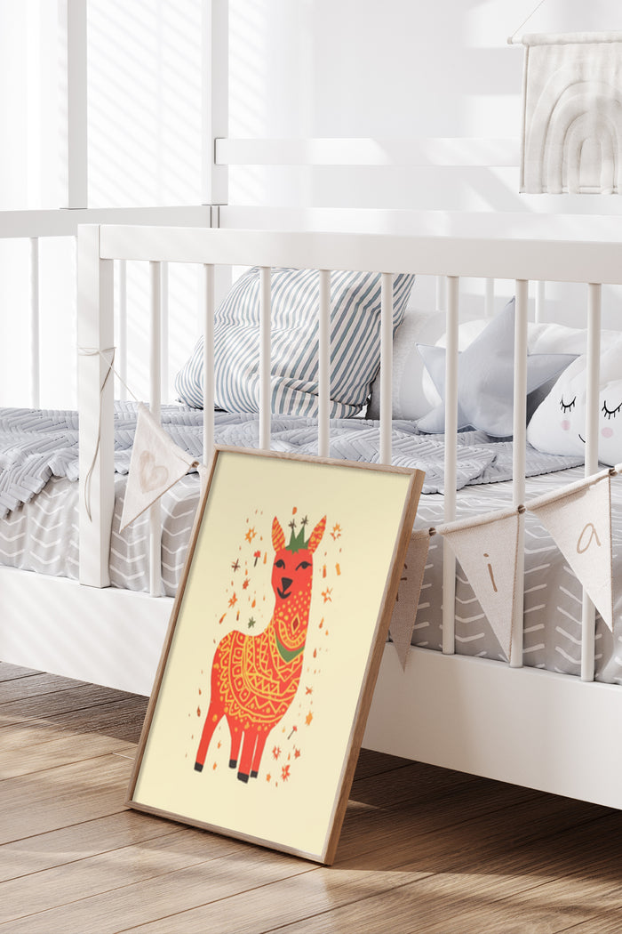 Colorful Llama Artwork Poster displayed in a modern nursery room setting