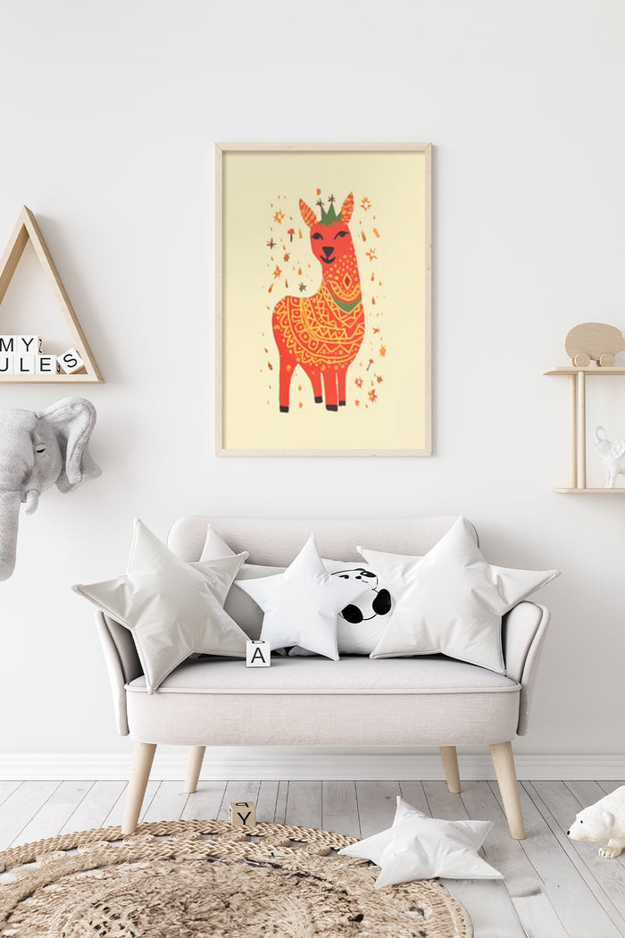 Colorful illustrated llama poster with decorative patterns in a modern nursery room