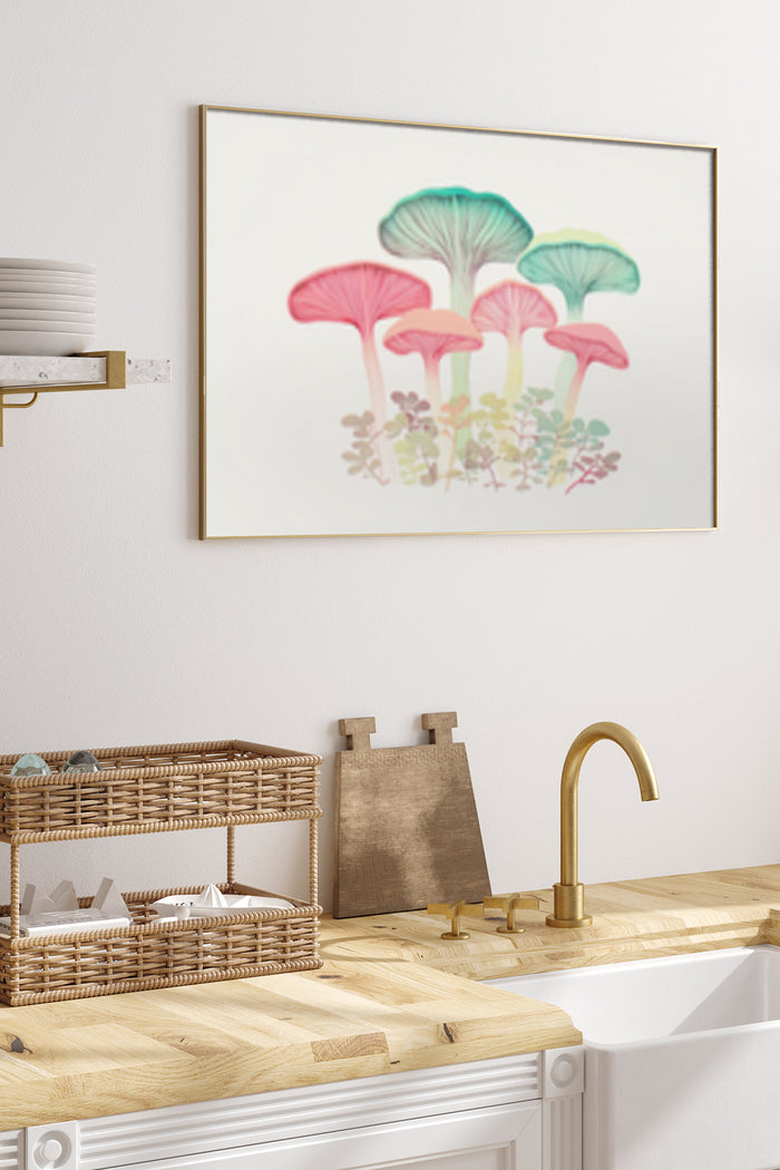 Colorful mushroom illustration artwork framed poster in kitchen setting