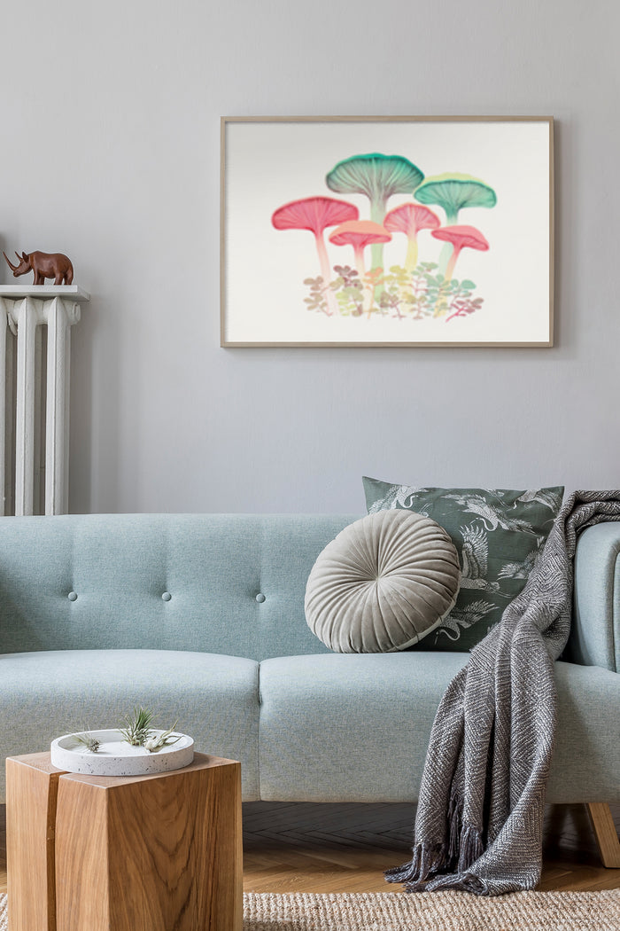 Colorful mushroom illustration in a modern living room setting
