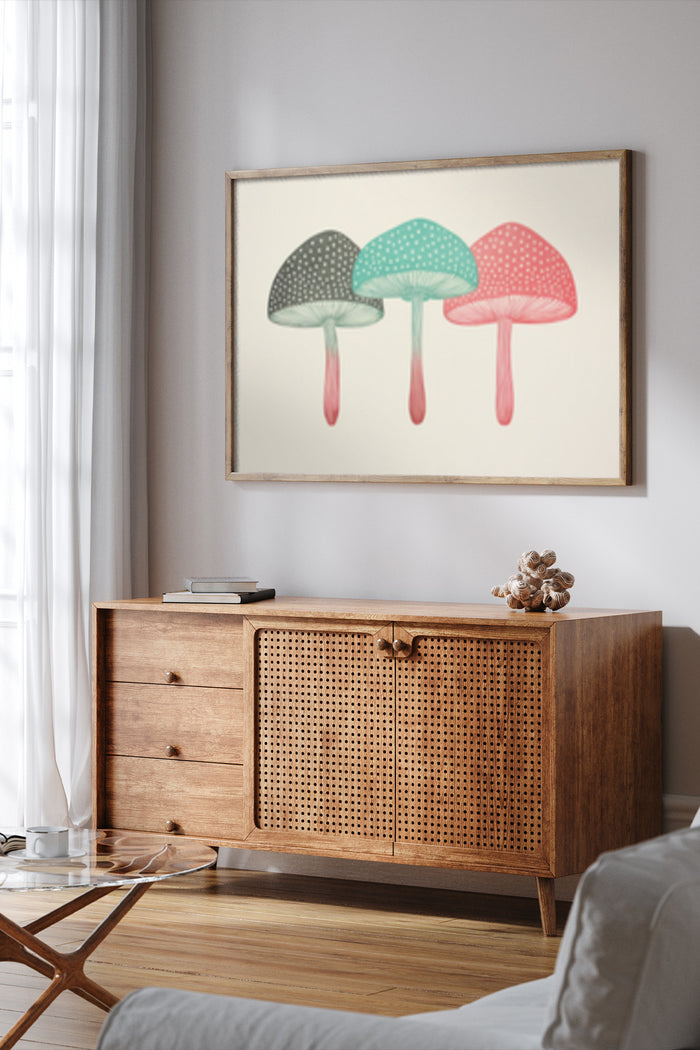 Modern interior with colorful mushroom illustration artwork displayed in wooden frame