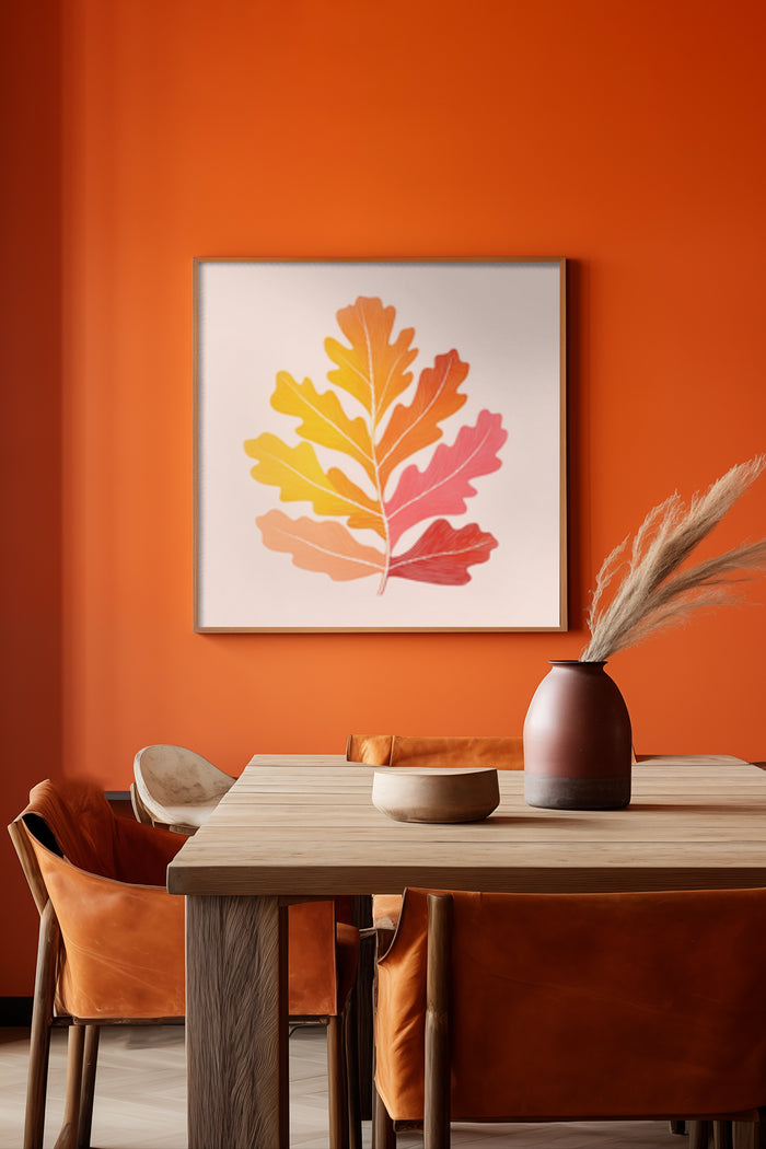 Modern dining room with a vibrant oak leaf painting on orange wall