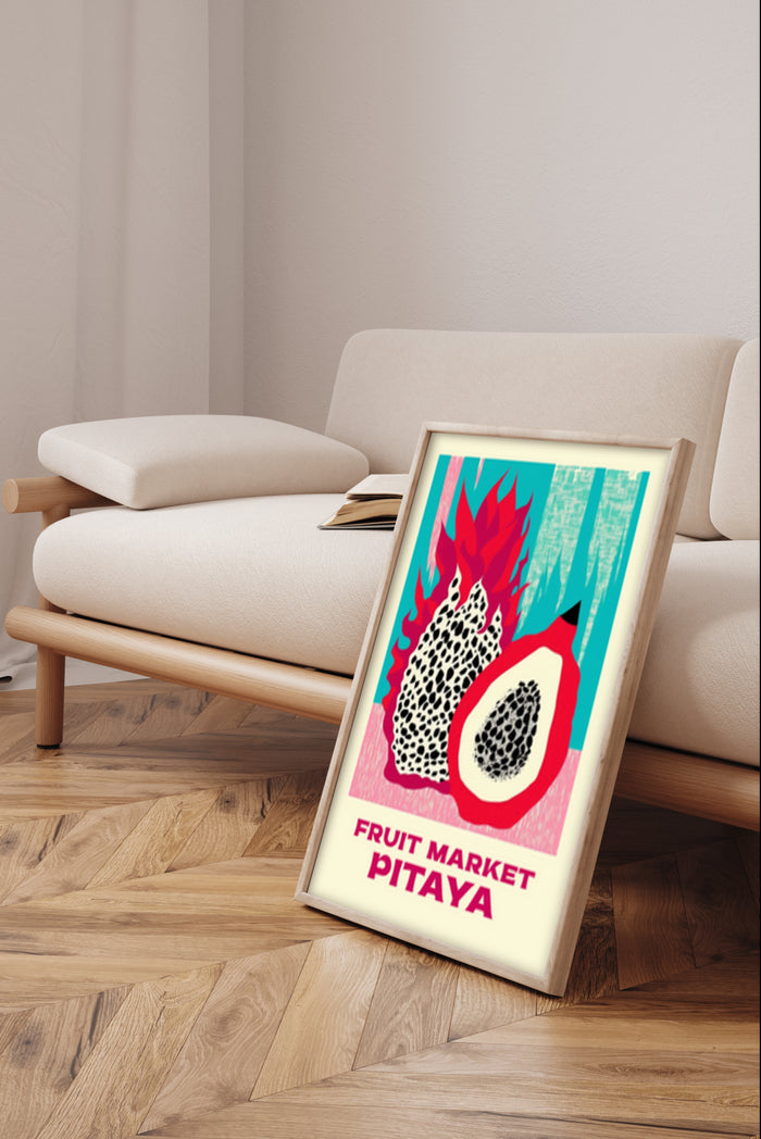 Colorful pitaya dragon fruit market advertisement poster in interior setting