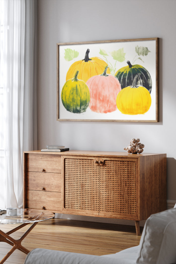 Contemporary living room featuring a wall art poster with vibrant pumpkins illustration