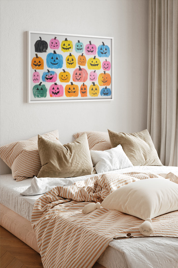 Colorful painted pumpkin faces Halloween poster in a modern bedroom setting