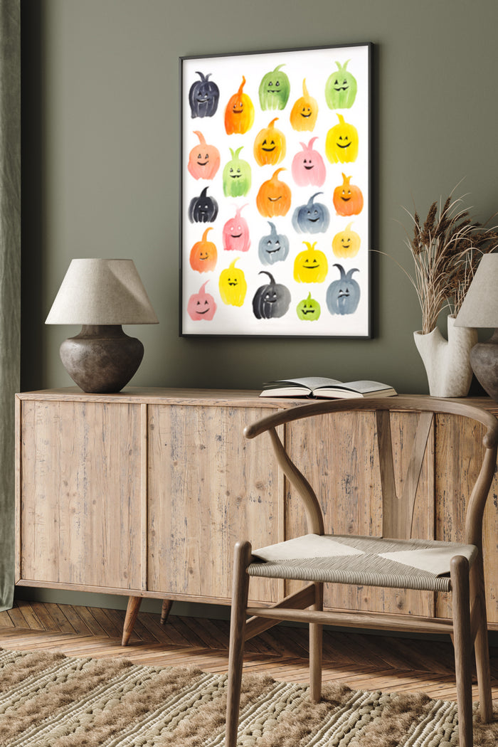 Colorful watercolor pumpkin faces Halloween poster on living room wall