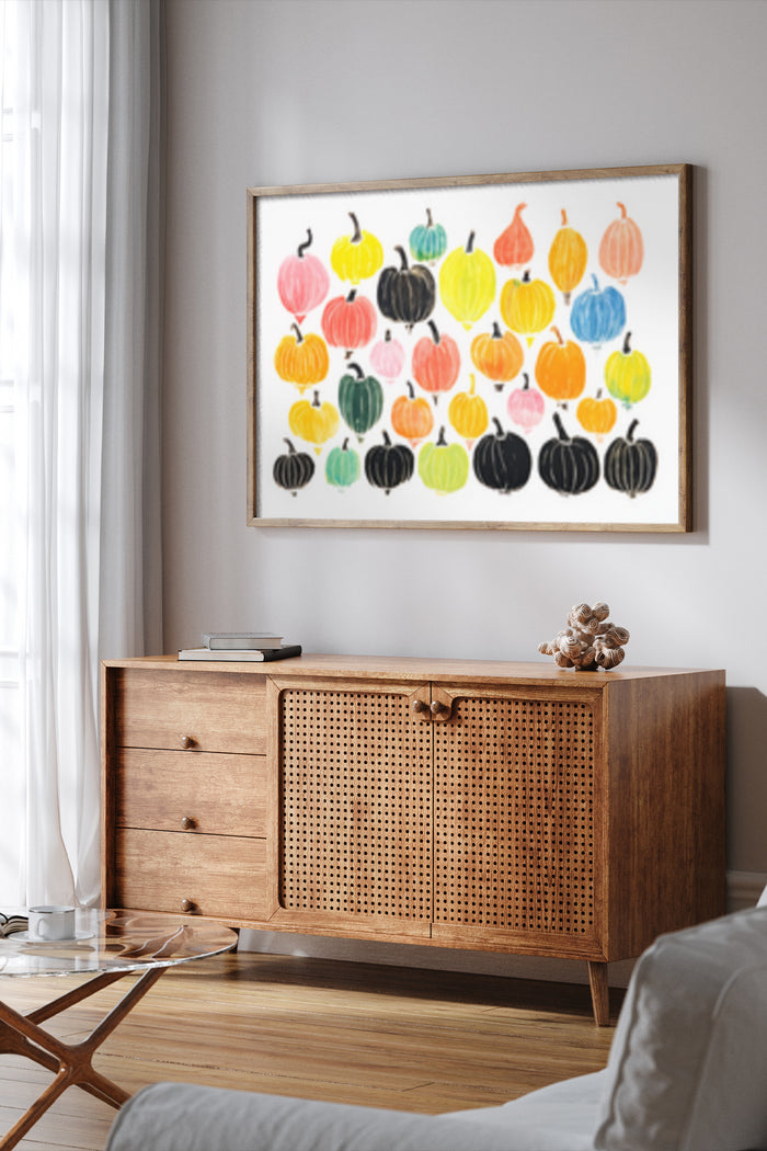 Colorful hand-painted pumpkin artwork in contemporary home decor setting