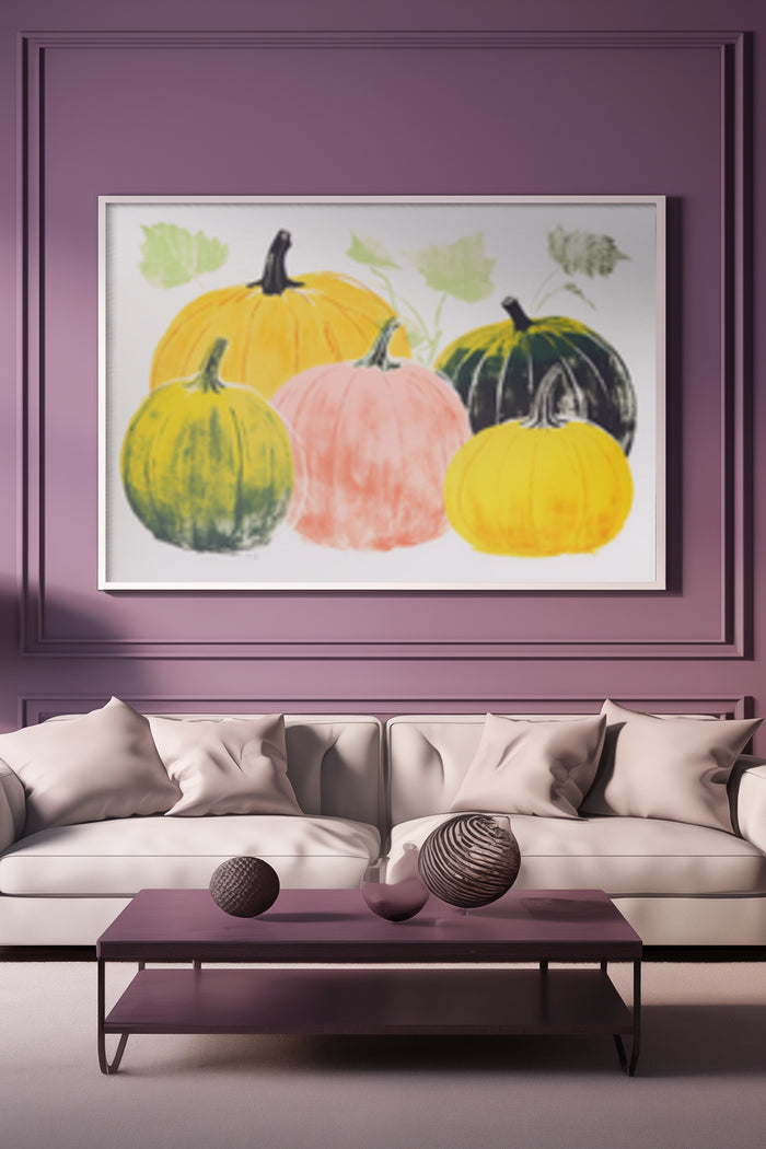 Colorful painted pumpkins displayed as modern living room wall art