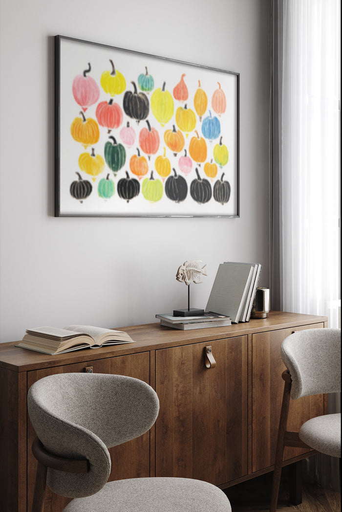 Colorful hand-painted pumpkin artwork poster displayed in modern home office
