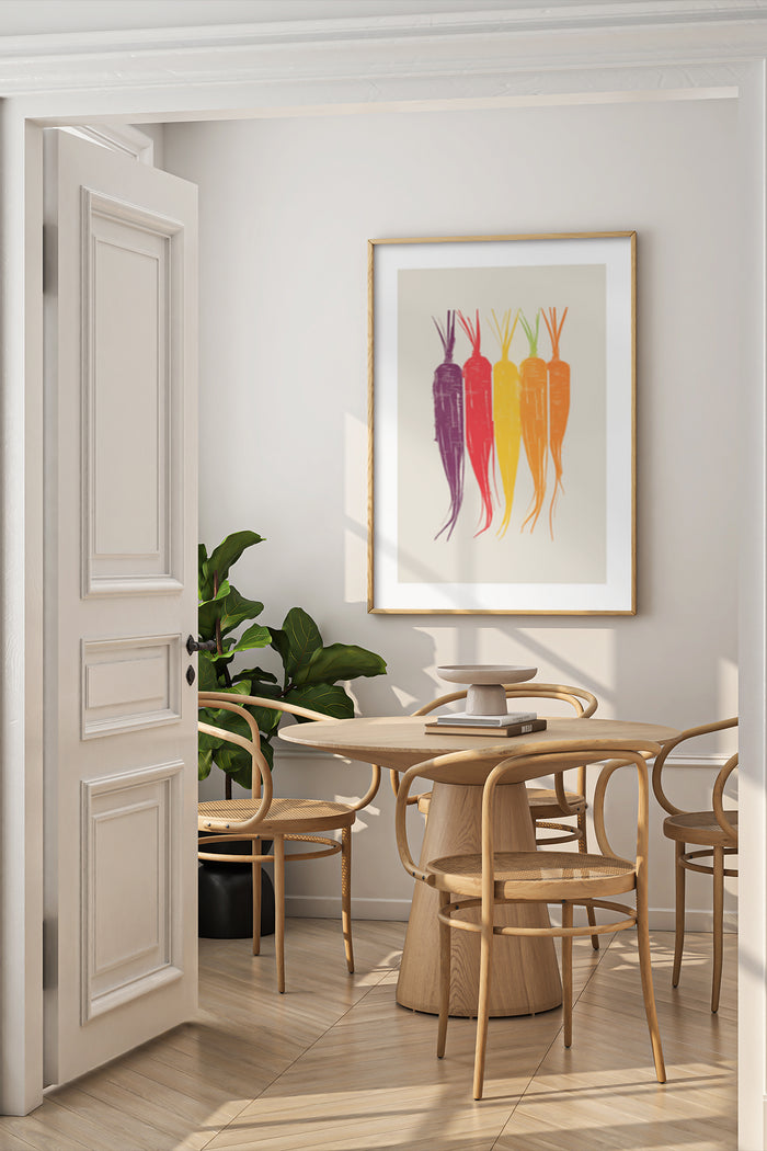 Colorful artistic illustration of root vegetables poster in modern dining room setting