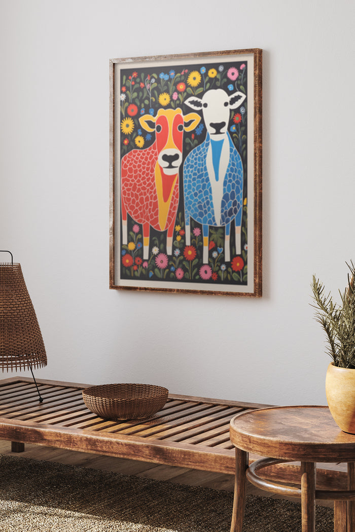 Colorful artistic sheep poster with floral background displayed in a contemporary home setting