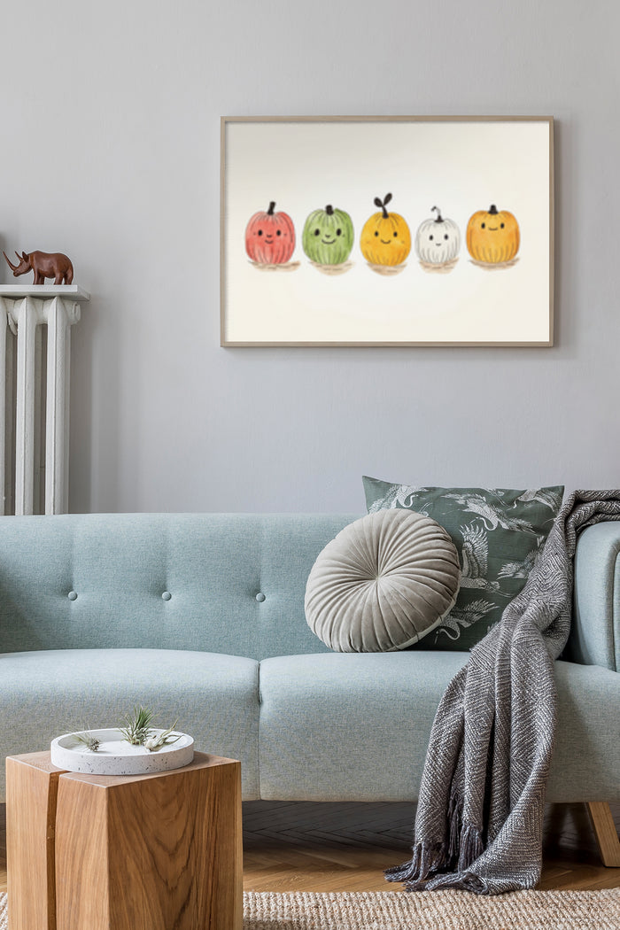 Bright watercolor painting of smiling fruits poster displayed above a couch in stylish interior