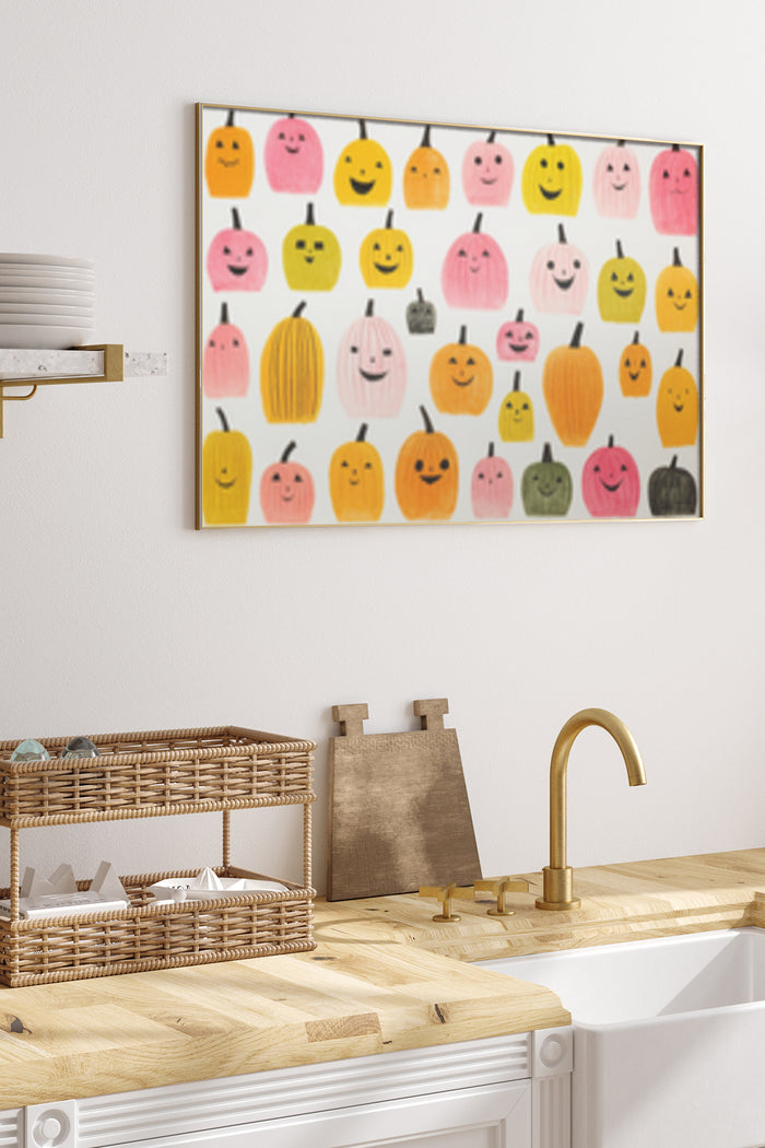 Colorful cartoon smiling pumpkins poster adorning modern kitchen wall