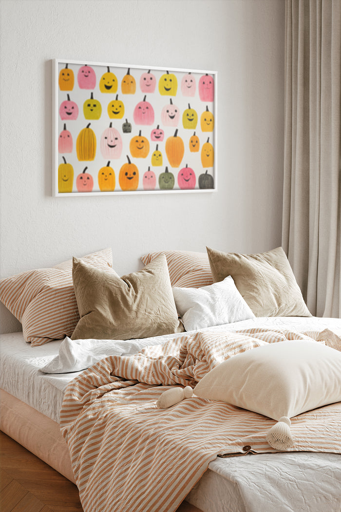 Colorful Cartoon Pumpkin Faces Poster Hanging in a Modern Bedroom