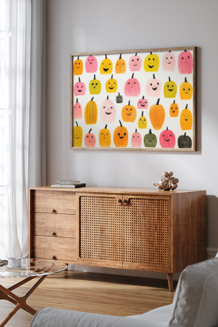 Colorful smiling pumpkin faces pattern poster in modern home interior
